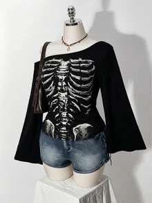 SHEIN ICON Halloween Skull Plus Size Fall Print Asymmetric Collar Bell Sleeve T-Shirt Party Evening Black Goth Baggy - Multicolor - View 5