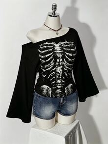 SHEIN ICON Halloween Skull Plus Size Fall Print Asymmetric Collar Bell Sleeve T-Shirt Party Evening Black Goth Baggy - Multicolor - View 7