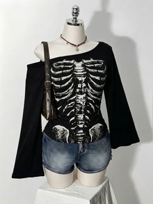 SHEIN ICON Halloween Skull Plus Size Fall Print Asymmetric Collar Bell Sleeve T-Shirt Party Evening Black Goth Baggy - Multicolor - View 4