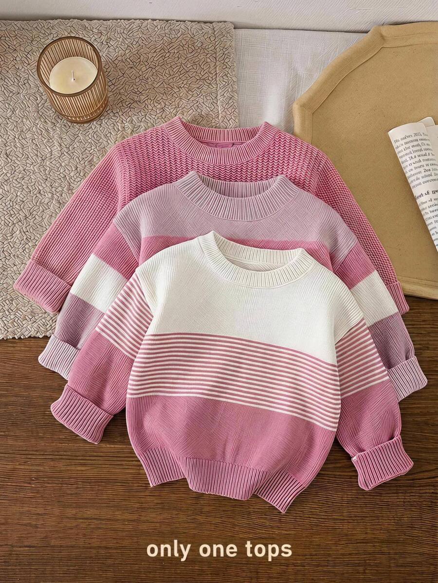 Cozy Pixies Baby Girl Knit Striped Round Neck Long Sleeve Sweater, Suitable For Autumn/Winter - Multicolor - View 1