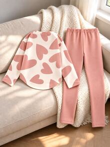 SHEIN Knitted Fuzzy Ribbed Top And Pants Set, Print Pattern Slim Fit, Casual Fashion Minimalist Comfortable, Indoor Outdoor Nursery Brown Winter - Pink - View 2