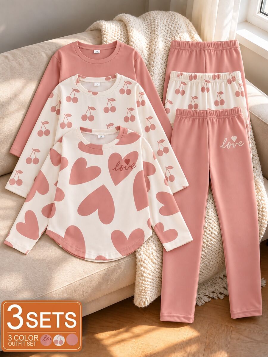 SHEIN Knitted Fuzzy Ribbed Top And Pants Set, Print Pattern Slim Fit, Casual Fashion Minimalist Comfortable, Indoor Outdoor Nursery Brown Winter - Pink - View 1