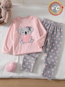SHEIN 2pcs/Set Girls Toddler Fashion Cartoon Koala & Heart Print Long Sleeve Fleece Pajama Set, Winter Flannel Pajama Set, Bow Pajama Set, Girls Loungewear Set - Dusty Pink - View 3
