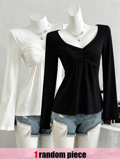 SHEIN Camiseta para adolescente con busto fruncido y cuello en forma de corazón, delicado detalle en la clavícula, regalo formal para vacaciones, negro, elegante, lindo, casual, para fiesta