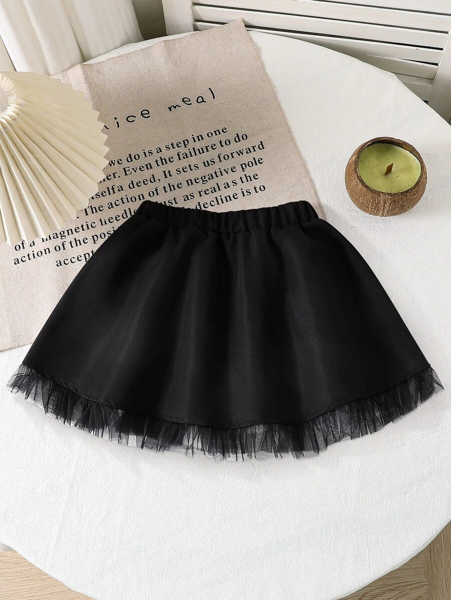 SHEIN Young Girls' Contrast Mesh Elastic Waist Skirt, Comfortable, Stylish, Elegant, Sweet, And Cute, A Must - Have For Daily And Outings. - Black - View 1