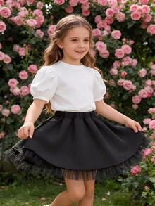 SHEIN Young Girls' Contrast Mesh Elastic Waist Skirt, Comfortable, Stylish, Elegant, Sweet, And Cute, A Must - Have For Daily And Outings. - Black - View 2