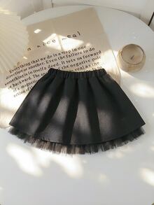 SHEIN Young Girls' Contrast Mesh Elastic Waist Skirt, Comfortable, Stylish, Elegant, Sweet, And Cute, A Must - Have For Daily And Outings. - Black - View 4