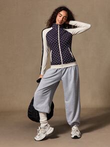 VARSIVA Polka Dot Print Zipper Long Sleeve Sports Jacket - Black and White - View 2