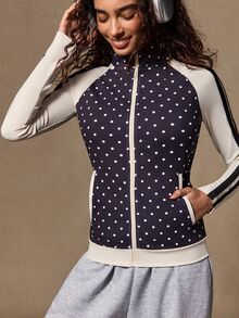 VARSIVA Polka Dot Print Zipper Long Sleeve Sports Jacket - Black and White - View 8