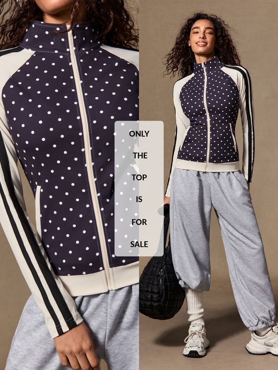 VARSIVA Polka Dot Print Zipper Long Sleeve Sports Jacket - Black and White - View 1