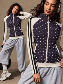 VARSIVA Polka Dot Print Zipper Long Sleeve Sports Jacket - Black and White - View 10