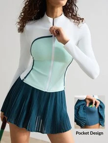 VARSIVA Women's Zipper Long Sleeve Top And Pleated Skort Sports Set - Multicolor - View 15