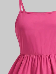 SHEIN Tween Girls 2pcs Pack Spaghetti Strap Dress, Vibrant Floral Print & Hot Pink Solid Ruffle Tiered Hem Summer Beach Vacation Cami Dresses For Kids - Hot Pink - View 8