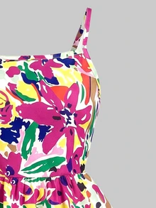 SHEIN Tween Girls 2pcs Pack Spaghetti Strap Dress, Vibrant Floral Print & Hot Pink Solid Ruffle Tiered Hem Summer Beach Vacation Cami Dresses For Kids - Hot Pink - View 5