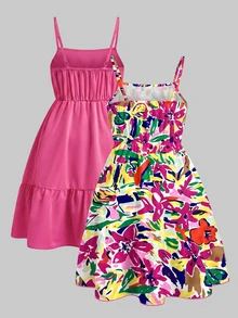 SHEIN Tween Girls 2pcs Pack Spaghetti Strap Dress, Vibrant Floral Print & Hot Pink Solid Ruffle Tiered Hem Summer Beach Vacation Cami Dresses For Kids - Hot Pink - View 3
