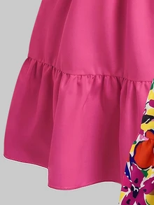 SHEIN Tween Girls 2pcs Pack Spaghetti Strap Dress, Vibrant Floral Print & Hot Pink Solid Ruffle Tiered Hem Summer Beach Vacation Cami Dresses For Kids - Hot Pink - View 6