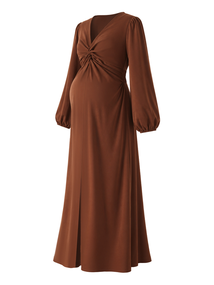 SHEIN فستان أنيق بني مع عقدة أمامية للحوامل خريف/شتاء - بني - مشاهدة 9