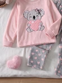 2pcs/Set Baby Girl Fashion Cartoon Koala & Heart Print Long Sleeve Plush Pajama Set, Winter Flannel Pajama Set, Bow Pajama Set, Girls Loungewear Set - Multicolor - View 4