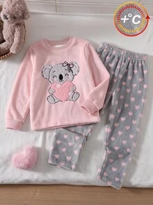 2pcs/Set Baby Girl Fashion Cartoon Koala & Heart Print Long Sleeve Plush Pajama Set, Winter Flannel Pajama Set, Bow Pajama Set, Girls Loungewear Set - Multicolor - View 3