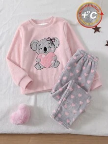 2pcs/Set Baby Girl Fashion Cartoon Koala & Heart Print Long Sleeve Plush Pajama Set, Winter Flannel Pajama Set, Bow Pajama Set, Girls Loungewear Set - Multicolor - View 5