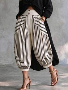 Trelyra Women's Summer Black And White High Waist Pleated Wide Leg Lantern Pants, Double Button Design, Side Pockets, Rolled Hem, Loose Fit, Elegant Dinner - Apricot - View 1