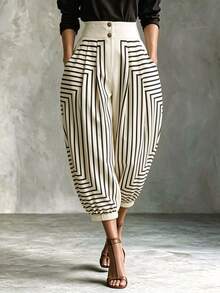 Trelyra Women's Summer Black And White High Waist Pleated Wide Leg Lantern Pants, Double Button Design, Side Pockets, Rolled Hem, Loose Fit, Elegant Dinner - Apricot - View 3