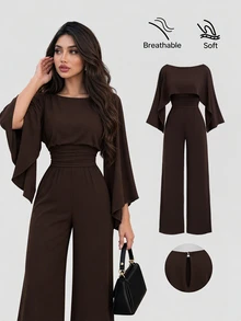 Sweetra جمبسوت نسائي أنيق متعدد الاستخدامات بتصميم بسيط وعصري للعمل والتنقل اليومي باللون البني - بني - مشاهدة 1