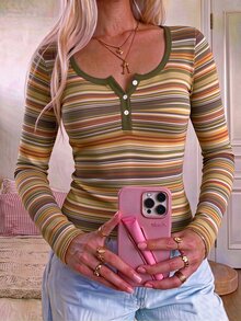 CovetEZ Women's Blended Pink Striped Half-Zip T-Shirt, Spring/Summer Style, Pink Top - Multicolor - View 7