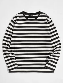 SWAVVY Men Round Neck Color Block Striped Long Sleeve Tee, Fashion, Boyfriend Gift, For Going Out, Summer, For Fall, Couple Things - Black and White - View 2