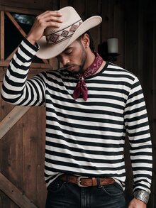 SWAVVY Men Round Neck Color Block Striped Long Sleeve Tee, Fashion, Boyfriend Gift, For Going Out, Summer, For Fall, Couple Things - Black and White - View 1