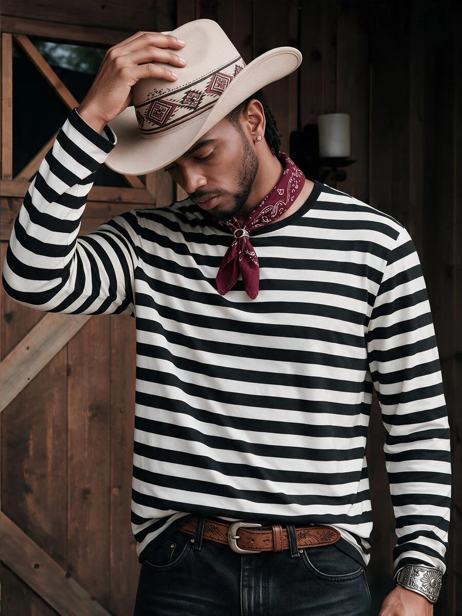 SWAVVY Men Round Neck Color Block Striped Long Sleeve Tee, Fashion, Boyfriend Gift, For Going Out, Summer, For Fall, Couple Things - Black and White - View 1