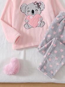 SHEIN 2pcs/Set Girls Fashion Cartoon Koala & Heart Print Long Sleeve Fleece Pajama Set, Winter Flannel Pajama Set. Bow Pajama Set, Girls Loungewear Set - Pink - View 5