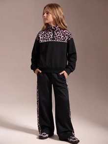 SHEIN Tween Girls Fall Outfits Fall 2pcs/Set Two Pieces Stylish Casual Athletic Black Stand-Up Collar Jacket And Trousers Set, Chic - Black - View 4