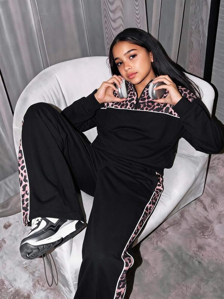 SHEIN Tween Girls Fall Outfits Fall 2pcs/Set Two Pieces Stylish Casual Athletic Black Stand-Up Collar Jacket And Trousers Set, Chic - Black - View 8
