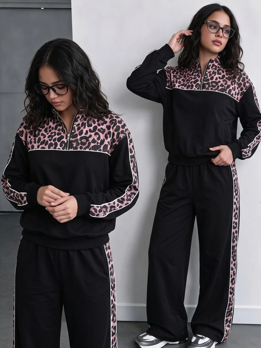 SHEIN Tween Girls Fall Outfits Fall 2pcs/Set Two Pieces Stylish Casual Athletic Black Stand-Up Collar Jacket And Trousers Set, Chic - Black - View 1