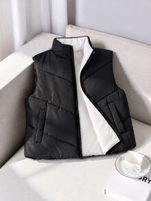 SHEIN Tween Girl Clothes Girls Fall Outfits Winter Clothes For Girls Girls Vest Gilet Body Warmer Zip Up - Black and White - View 4