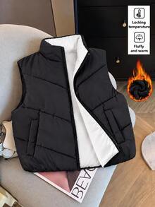 SHEIN Tween Girl Clothes Girls Fall Outfits Winter Clothes For Girls Girls Vest Gilet Body Warmer Zip Up - Black and White - View 2