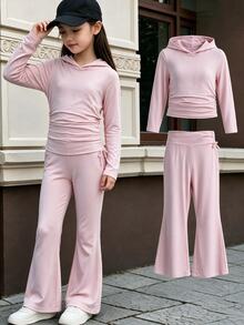 SHEIN 少女休閒可愛牛仔風百搭日常校外穿搭修身短版印花針織上衣 + 彈性直筒長褲套裝 學校粉色秋季 - 粉色 - 查看 6