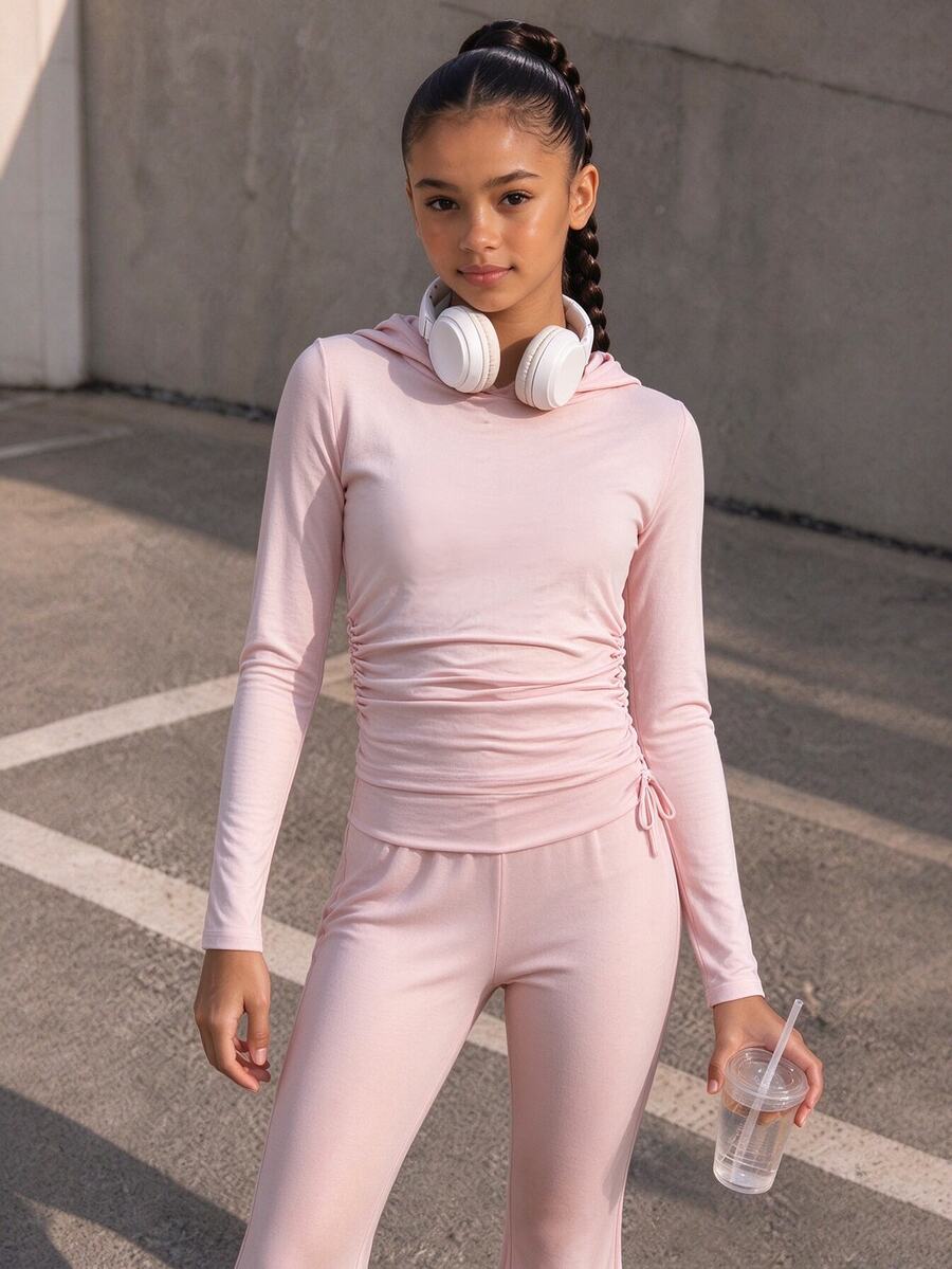 SHEIN 少女休閒可愛牛仔風百搭日常校外穿搭修身短版印花針織上衣 + 彈性直筒長褲套裝 學校粉色秋季 - 粉色 - 查看 1
