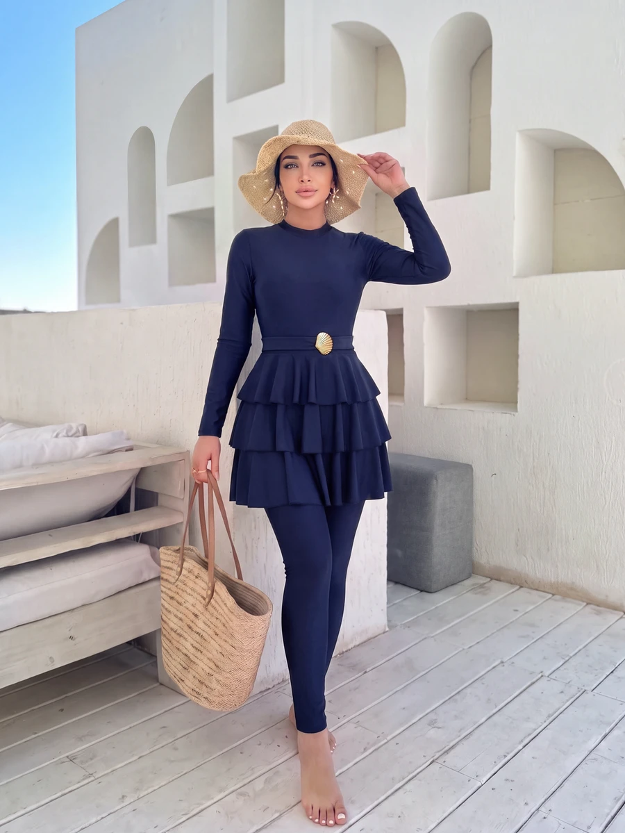 SHEIN Swim بدلة سباحة نسائية من 3 قطع بلون موحد بتصميم شرقي محافظ وأنيق مع حواف زخرفية - الأزرق - مشاهدة 1