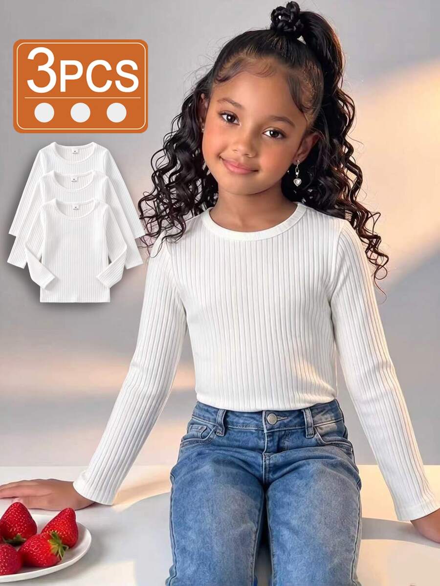 3 Pcs Young Girl Solid White Rib Knit Long Sleeve Top, Cute Basic Round Neck Bottoming T-Sh - White - View 1