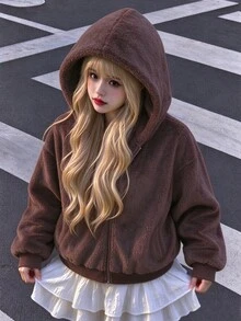 SHEIN Teen Girl Zip Up Casual Daily Hooded Sweatshirt Halloween Autumn Fall - Brown - View 4