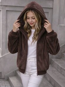 SHEIN Teen Girl Zip Up Casual Daily Hooded Sweatshirt Halloween Autumn Fall - Brown - View 1