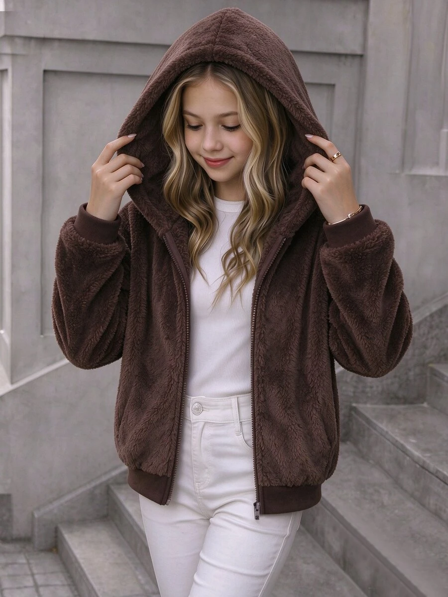 SHEIN Teen Girl Zip Up Casual Daily Hooded Sweatshirt Halloween Autumn Fall - Brown - View 1