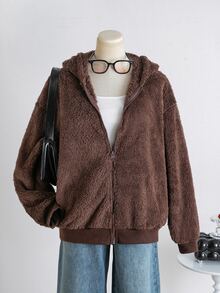 SHEIN Teen Girl Zip Up Casual Daily Hooded Sweatshirt Halloween Autumn Fall - Brown - View 5