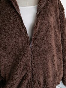 SHEIN Teen Girl Zip Up Casual Daily Hooded Sweatshirt Halloween Autumn Fall - Brown - View 7