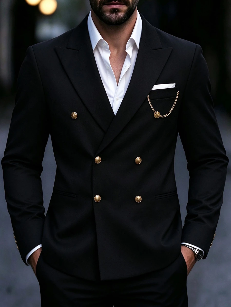 Manfinity Mode Men's Formal Black Peak Lapel Vintage Gold Metal Button Slim Fit Business 2 Pieces Suit Set - Black - View 1