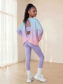 SHEIN Tween女孩3件套吊帶背心、內搭褲、長袖T恤，返校秋季Glowmode健身運動裝，丁香紫，可愛寬鬆端莊，適合運動舞蹈 - 彩色 - 查看 1