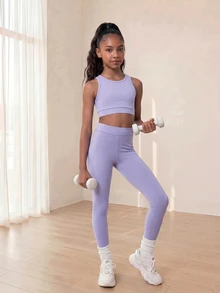 SHEIN Tween女孩3件套吊帶背心、內搭褲、長袖T恤，返校秋季Glowmode健身運動裝，丁香紫，可愛寬鬆端莊，適合運動舞蹈 - 彩色 - 查看 5