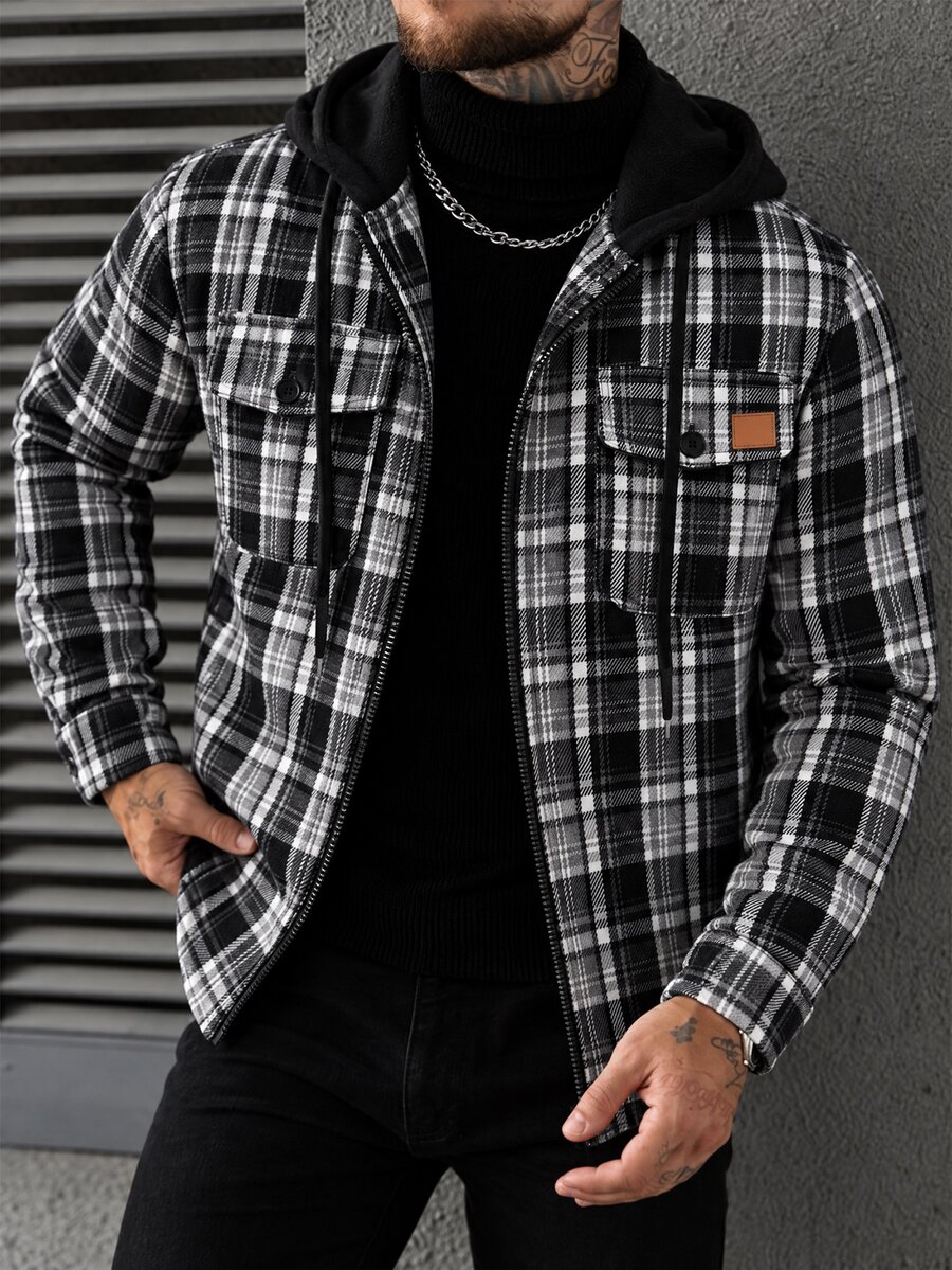 Manfinity Homme 男士休閒羊毛混紡格紋連帽夾克,適合日常通勤穿著,也是送給男友和丈夫的理想禮物 - 黑色 - 查看 1